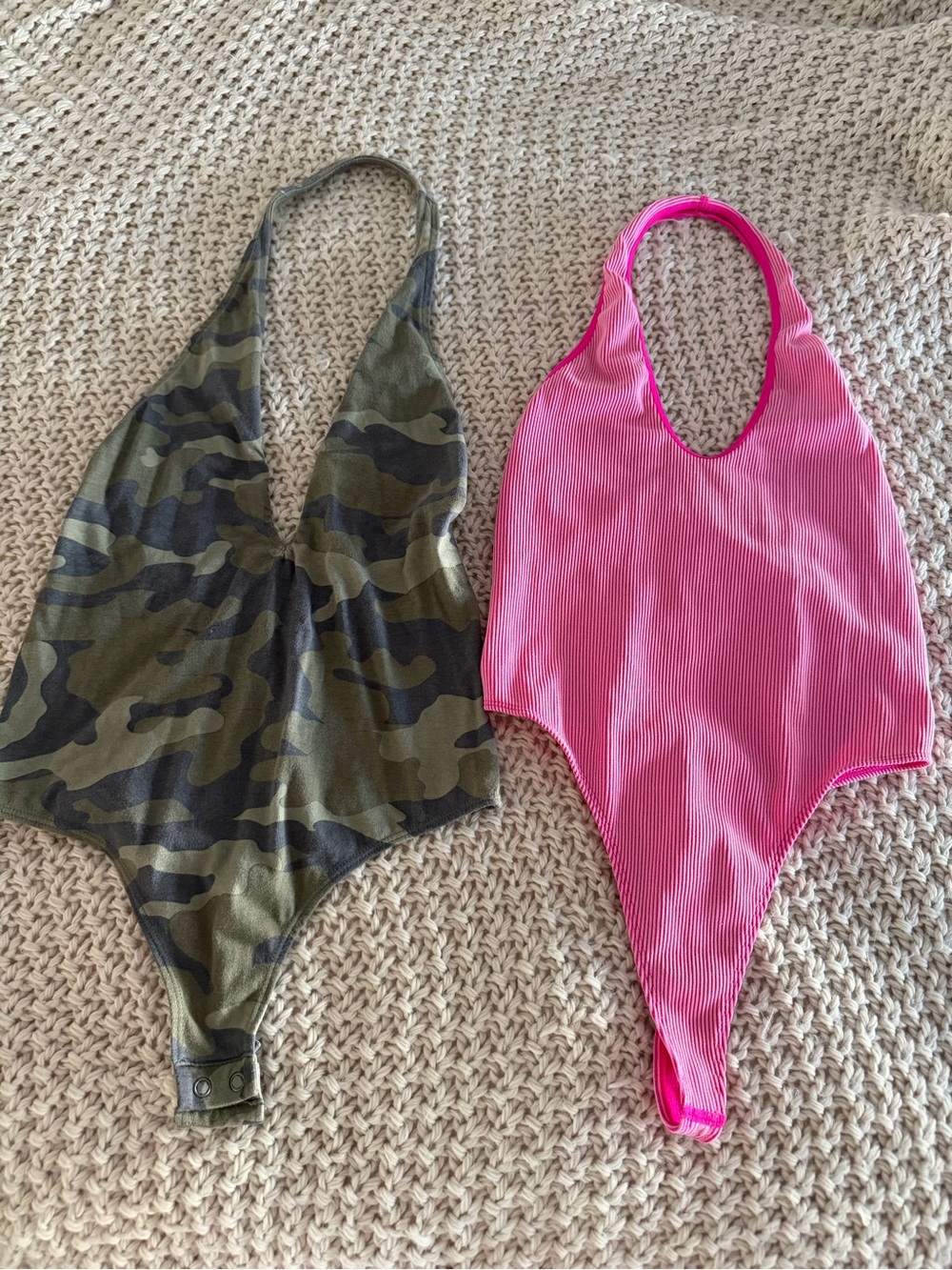 Pink Ribbed and Camo Halter Bodysuits (2) size XS